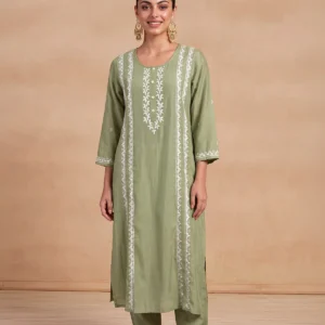 HOC Chanderi Chikankari Solid Women's 2 PC Long Kurta Set - Light Green