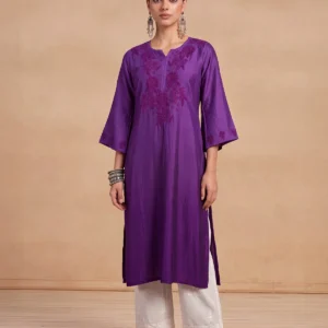 HOC Chikankari Ombre Women's Long Kurta -Purple