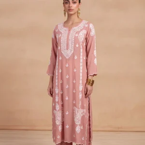 HOC Modal Chikankari Solid Women's 2 PC Long Kurta Set - Dust pink