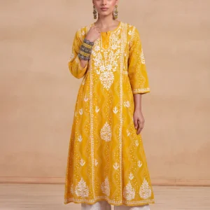 HOC Jugni Mulmul Chikankari Printed Women's Gown - Yellow