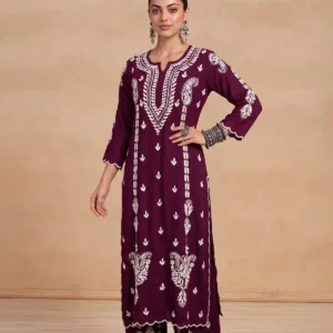 HOC Modal Chikankari Solid Women's 2 PC Long Kurta Set - Wine
