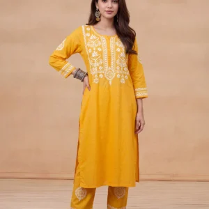 HOC Soha Cotton Chikankari Solid Women's 2 PC Long Kurta Set - Yellow