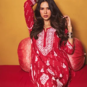 Sonam Red Mulmul Chikankari Kurta