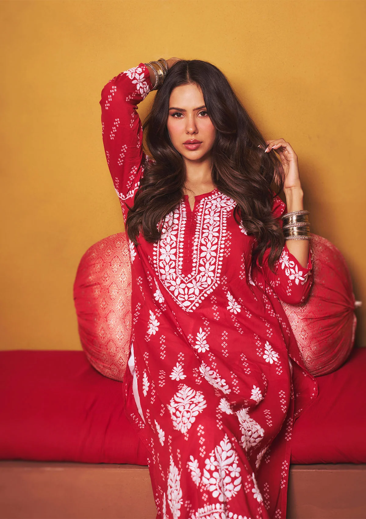 Sonam Red Mulmul Chikankari Kurta