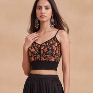 HOC Women Black Cotton Cambric Chikankari Top