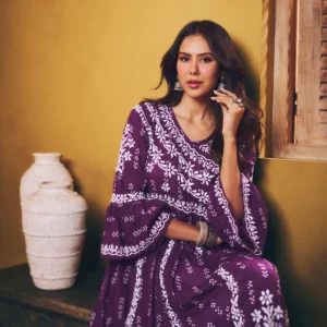 Sonam Purple Chikankari Angrakha Kurta