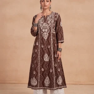 HOC Jugni Mulmul Chikankari Printed Women's Gown - Brown