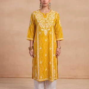 HOC Jugni Mulmul Chikankari Printed Women's Long Kurta - Yellow