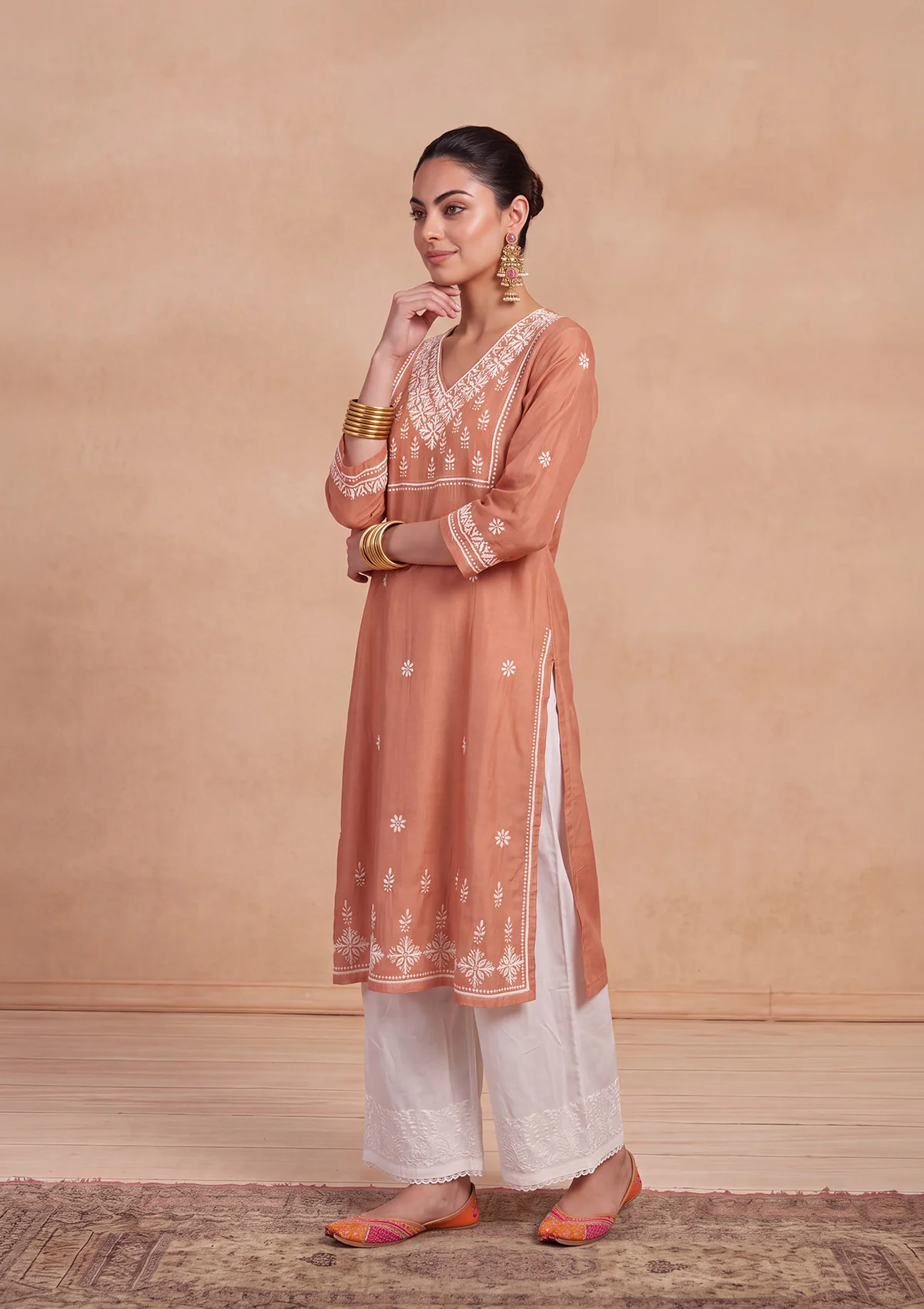 HOC Chikankari Solid Women's Long Kurta - Peach - Image 2