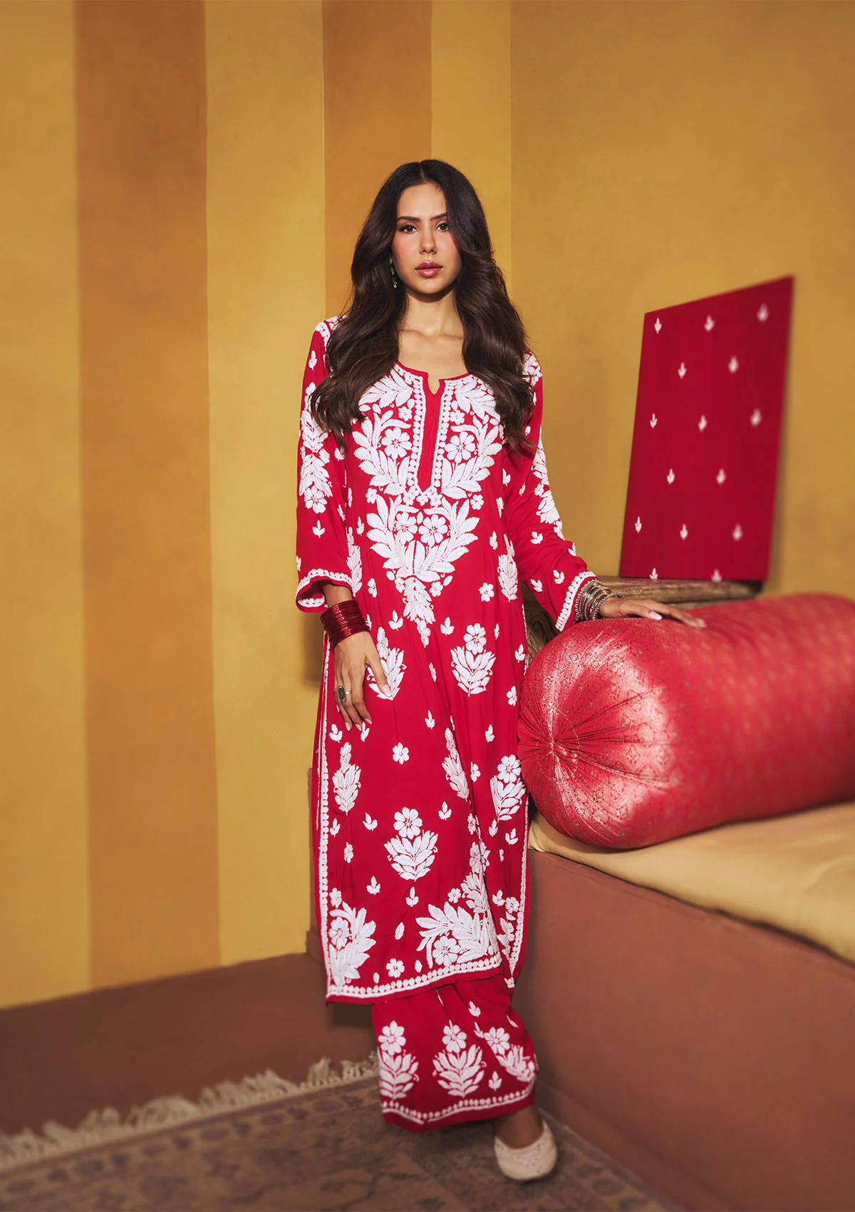 Sonam Red Chikankari Long Kurta Set - Image 2