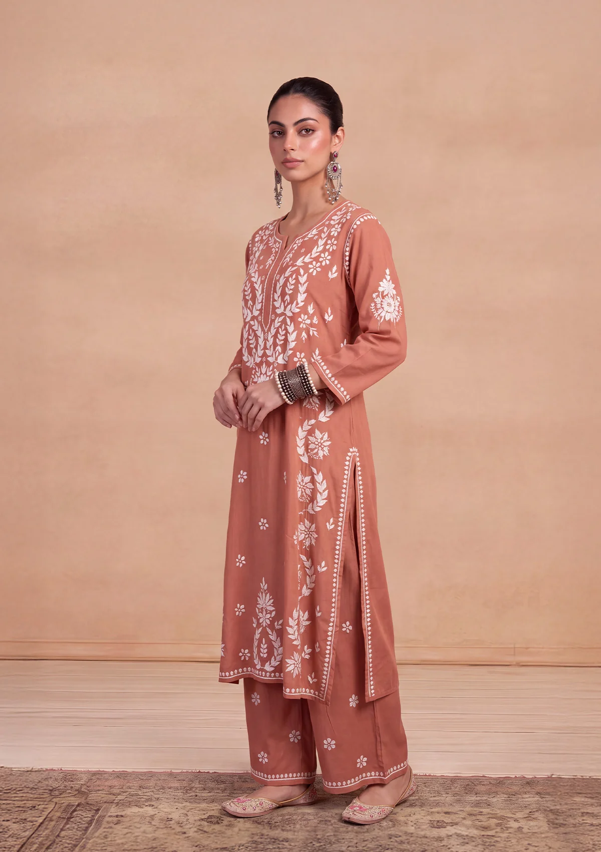 HOC Modal Chikankari Solid Women's 2 PC Long Kurta Set - Rust - Image 2
