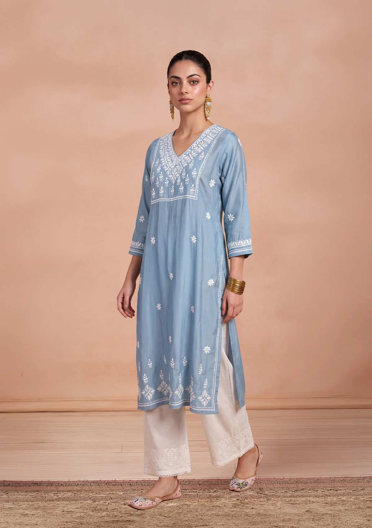 HOC Chikankari Chanderi Solid Women's Long Kurta - Blue - Image 2