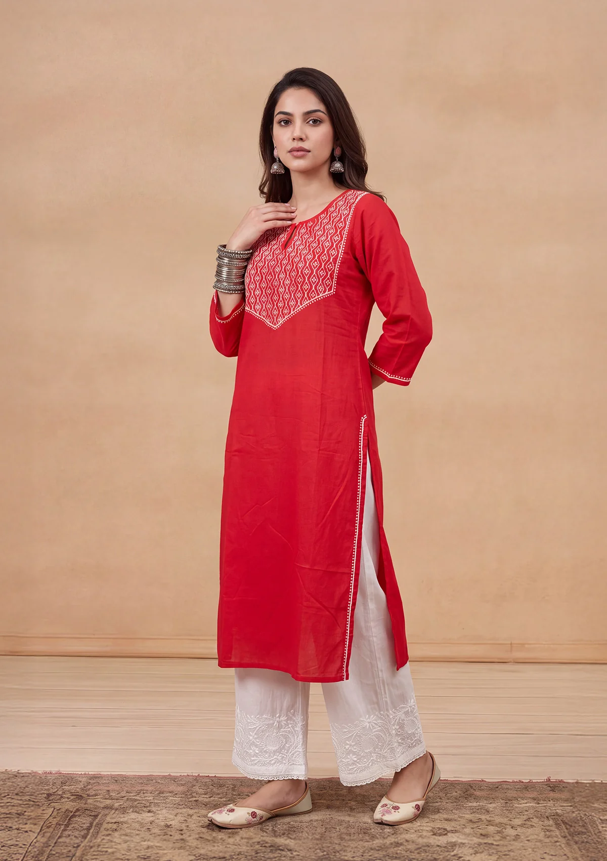 HOC Women Red Cotton Chikankari Kurta - Image 2