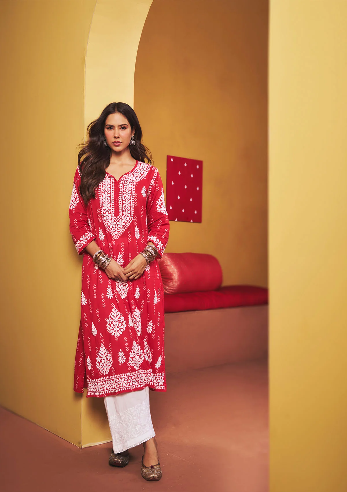 Sonam Red Mulmul Chikankari Kurta - Image 2