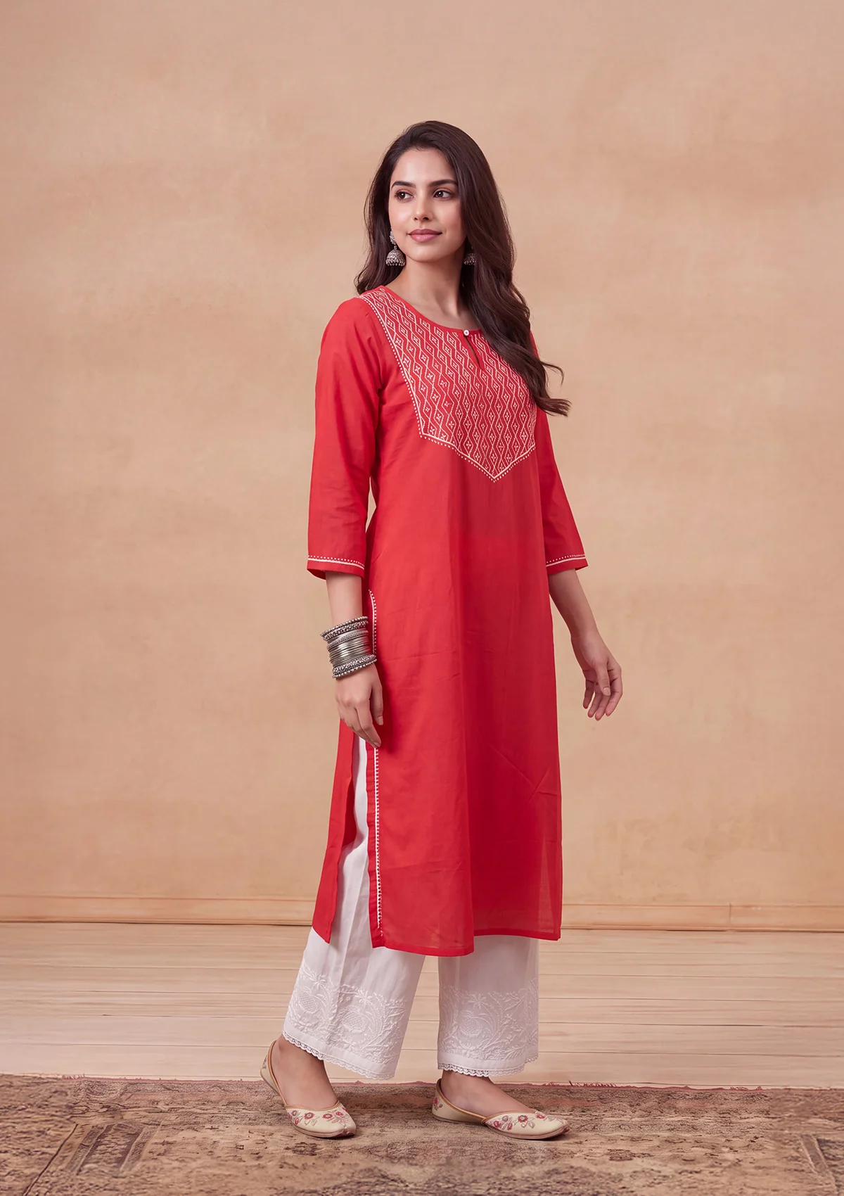 HOC Women Red Cotton Chikankari Kurta - Image 3