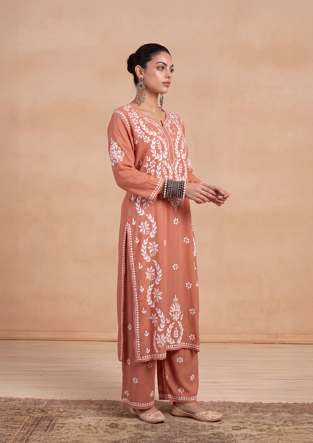 HOC Modal Chikankari Solid Women's 2 PC Long Kurta Set - Rust - Image 3