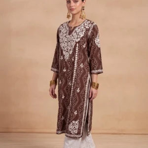 HOC Jugni Mulmul Chikankari Printed Women's Long Kurta - Brown