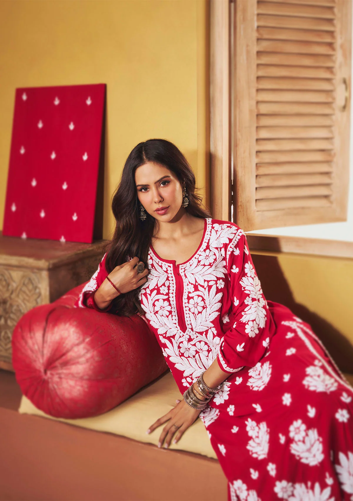 Sonam Red Chikankari Long Kurta Set - Image 3