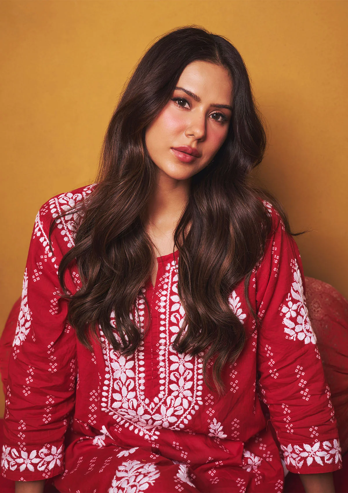 Sonam Red Mulmul Chikankari Kurta - Image 3