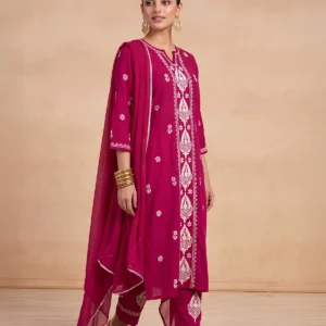 HOC Rayon Chikankari Solid Women's 3 PC Long Kurta Set - Fuschia Pink