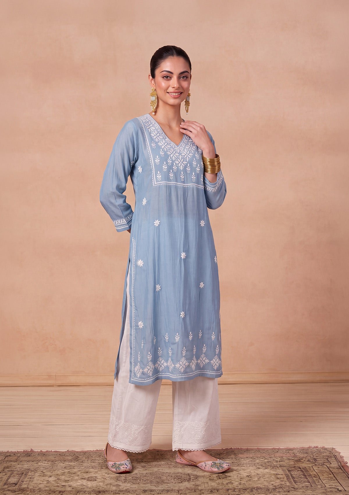 HOC Chikankari Chanderi Solid Women's Long Kurta - Blue - Image 3