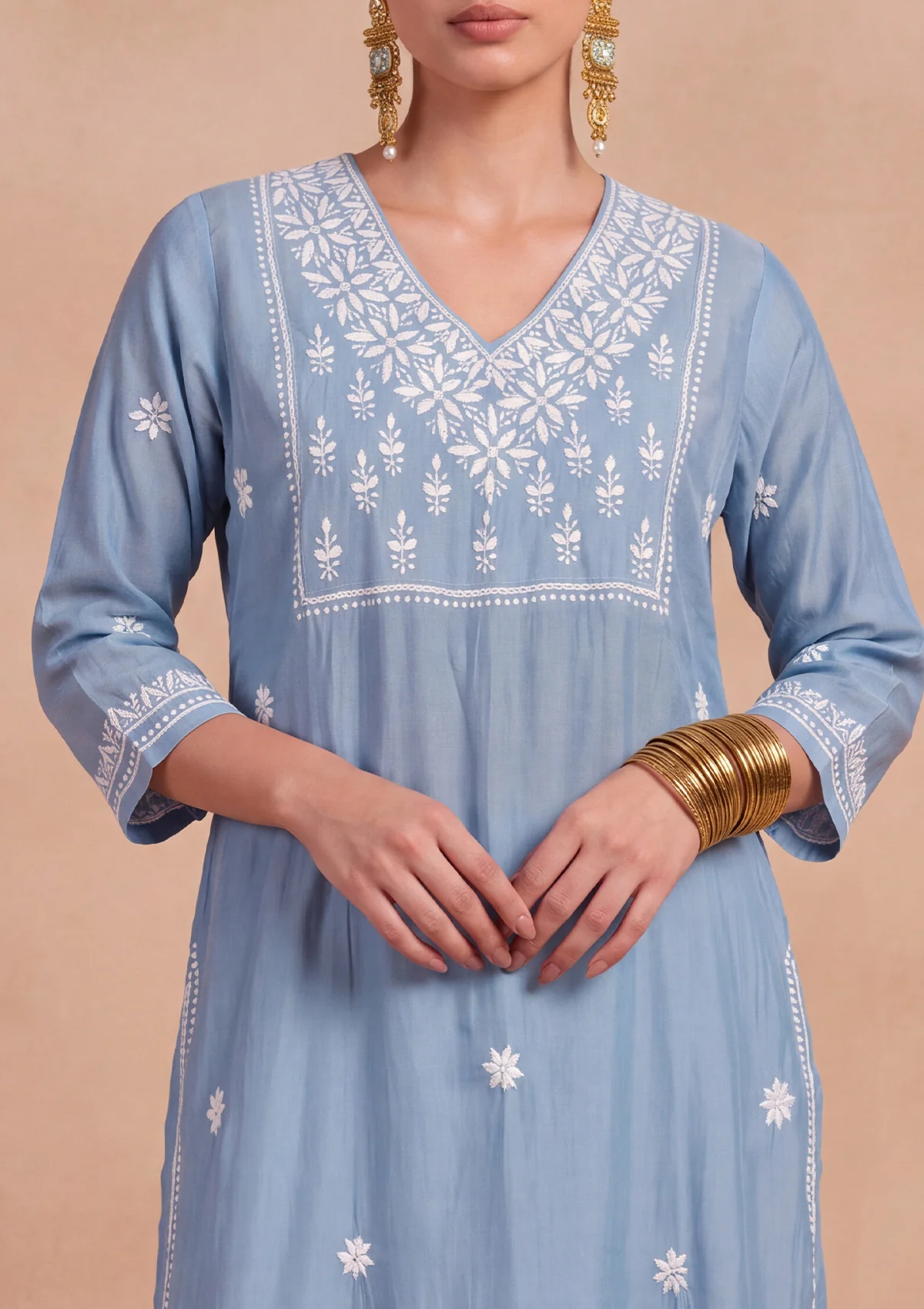 HOC Chikankari Chanderi Solid Women's Long Kurta - Blue - Image 4