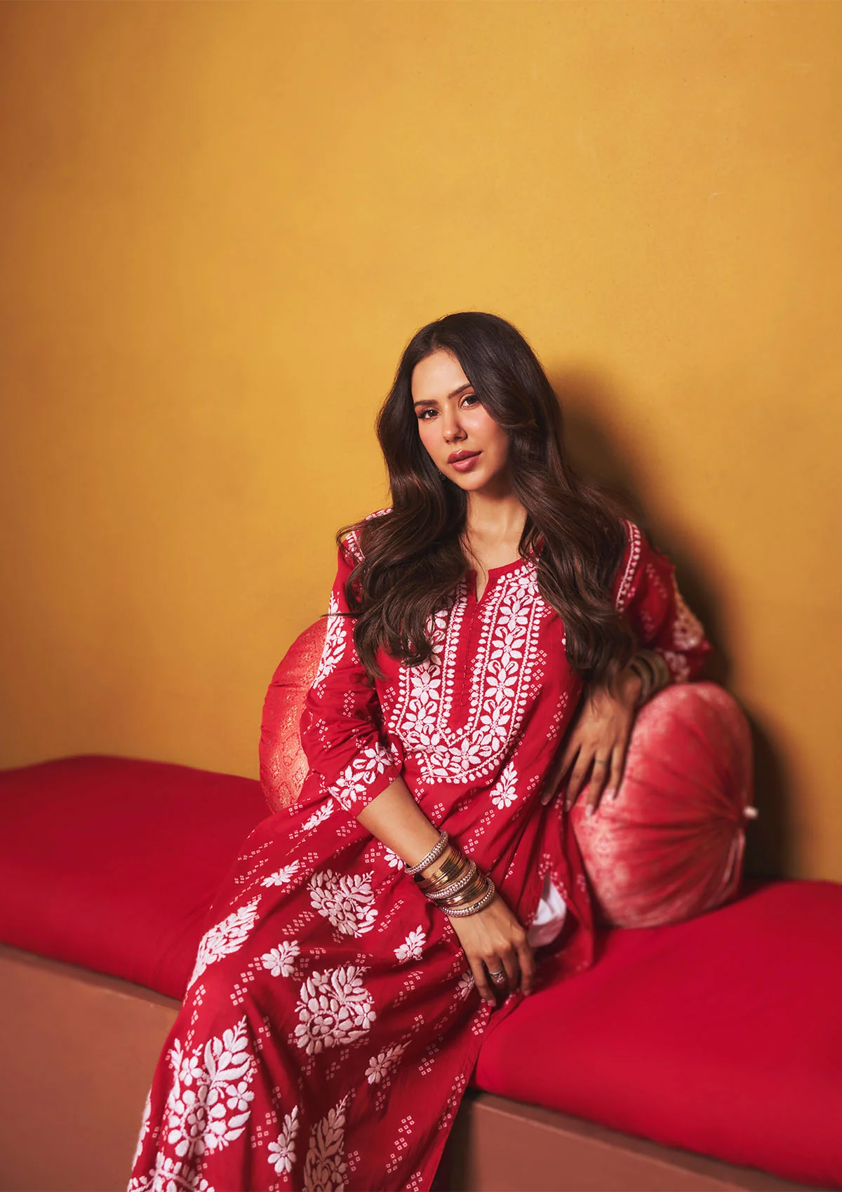 Sonam Red Mulmul Chikankari Kurta - Image 4