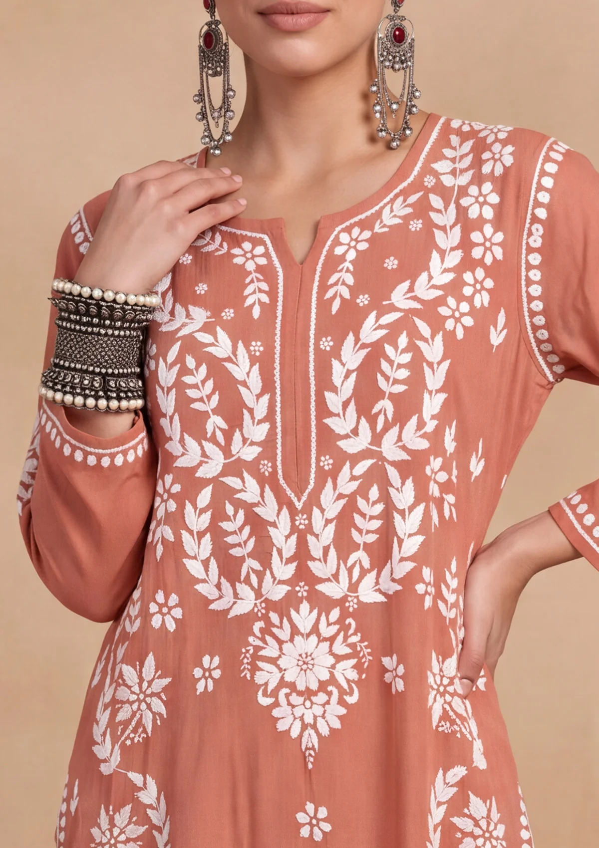 HOC Modal Chikankari Solid Women's 2 PC Long Kurta Set - Rust - Image 4