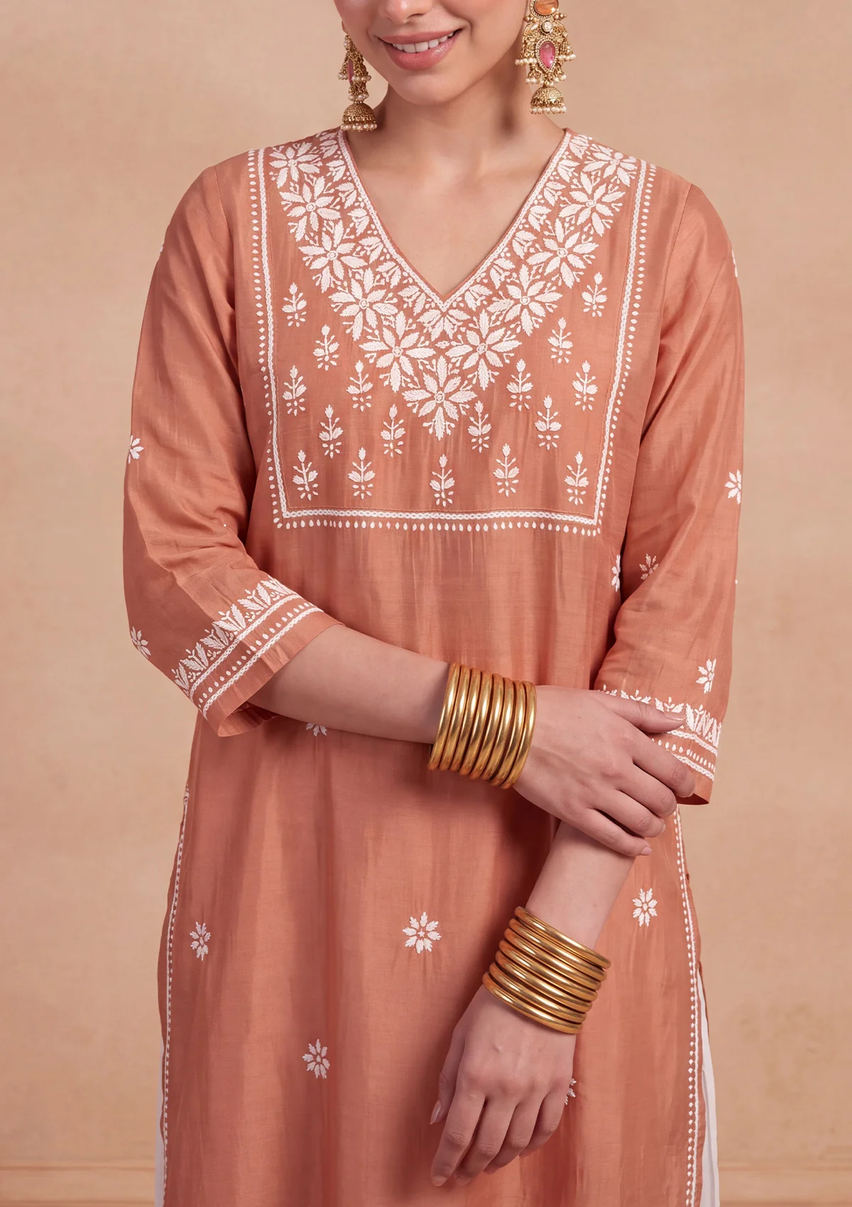 HOC Chikankari Solid Women's Long Kurta - Peach - Image 3