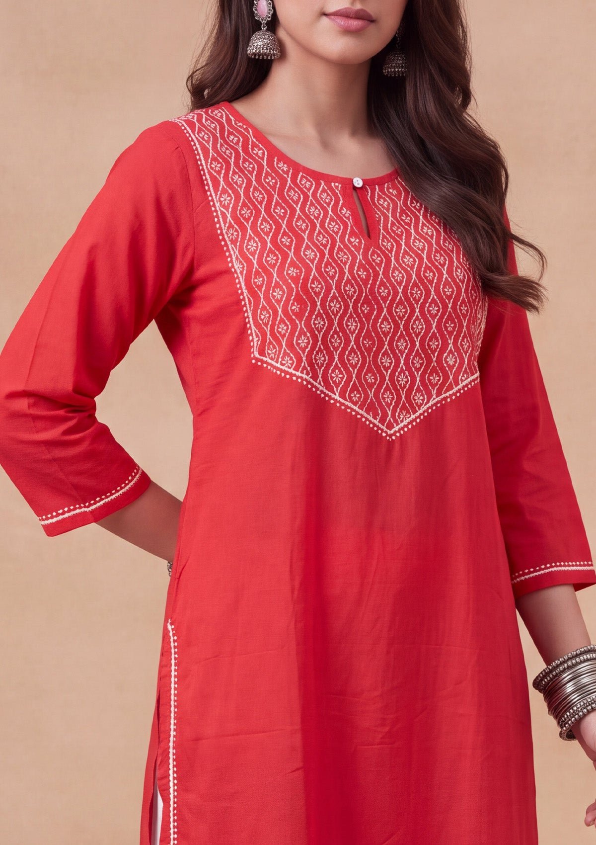 HOC Women Red Cotton Chikankari Kurta - Image 4