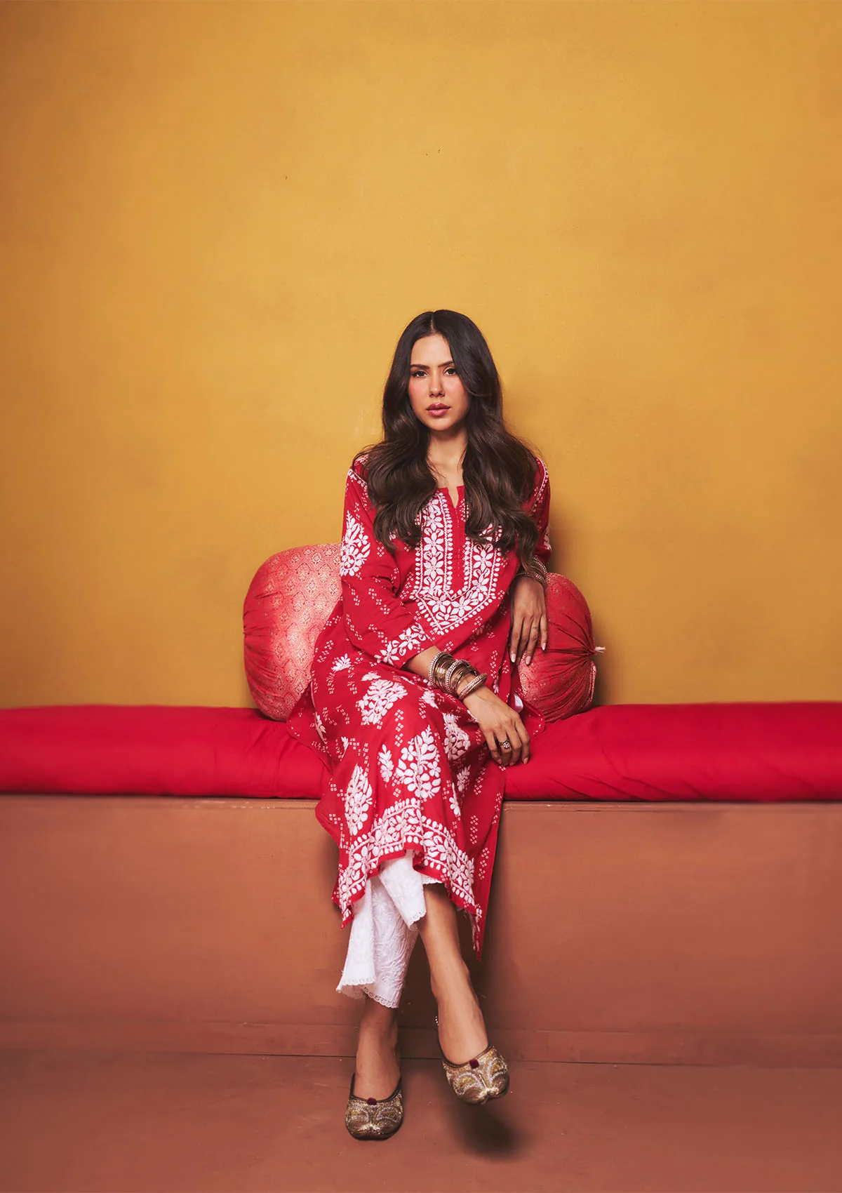 Sonam Red Mulmul Chikankari Kurta - Image 5