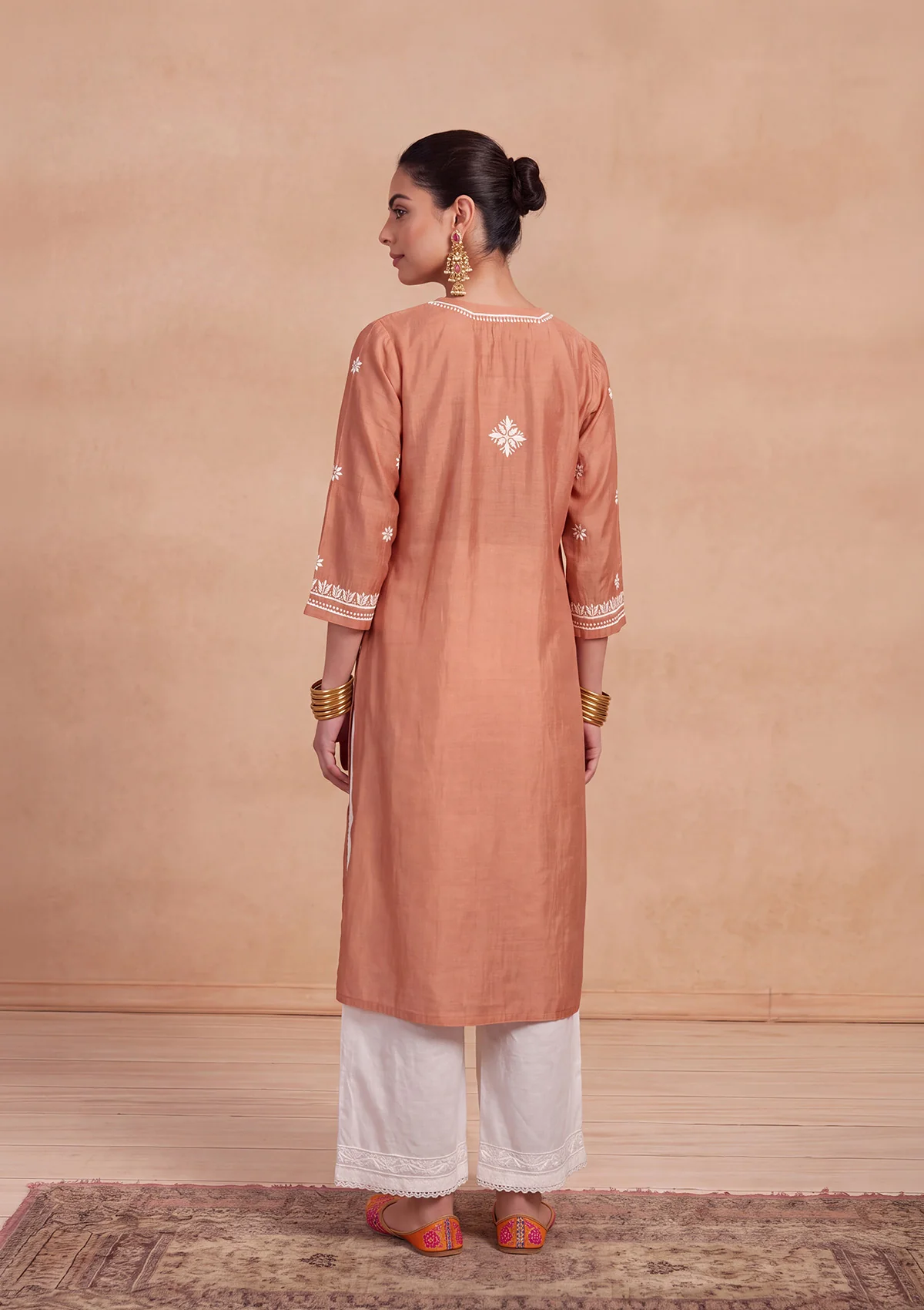 HOC Chikankari Solid Women's Long Kurta - Peach - Image 4