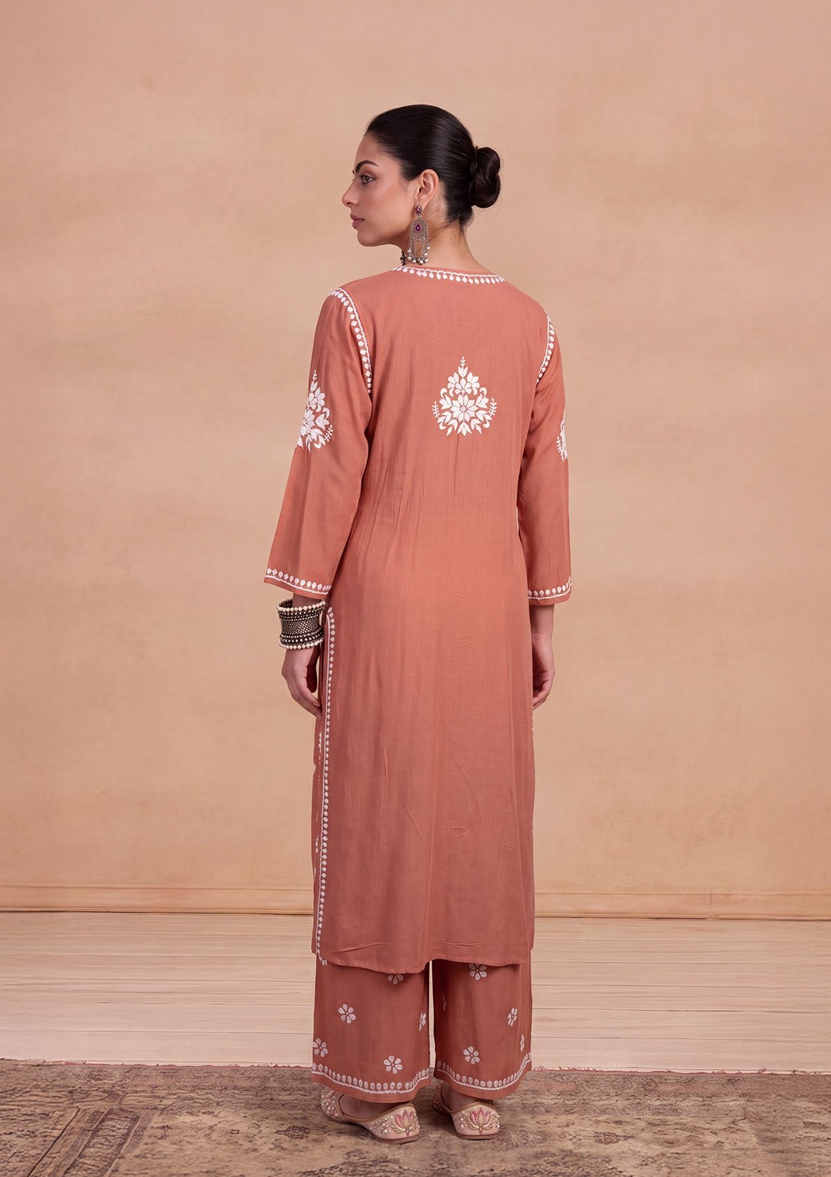 HOC Modal Chikankari Solid Women's 2 PC Long Kurta Set - Rust - Image 5