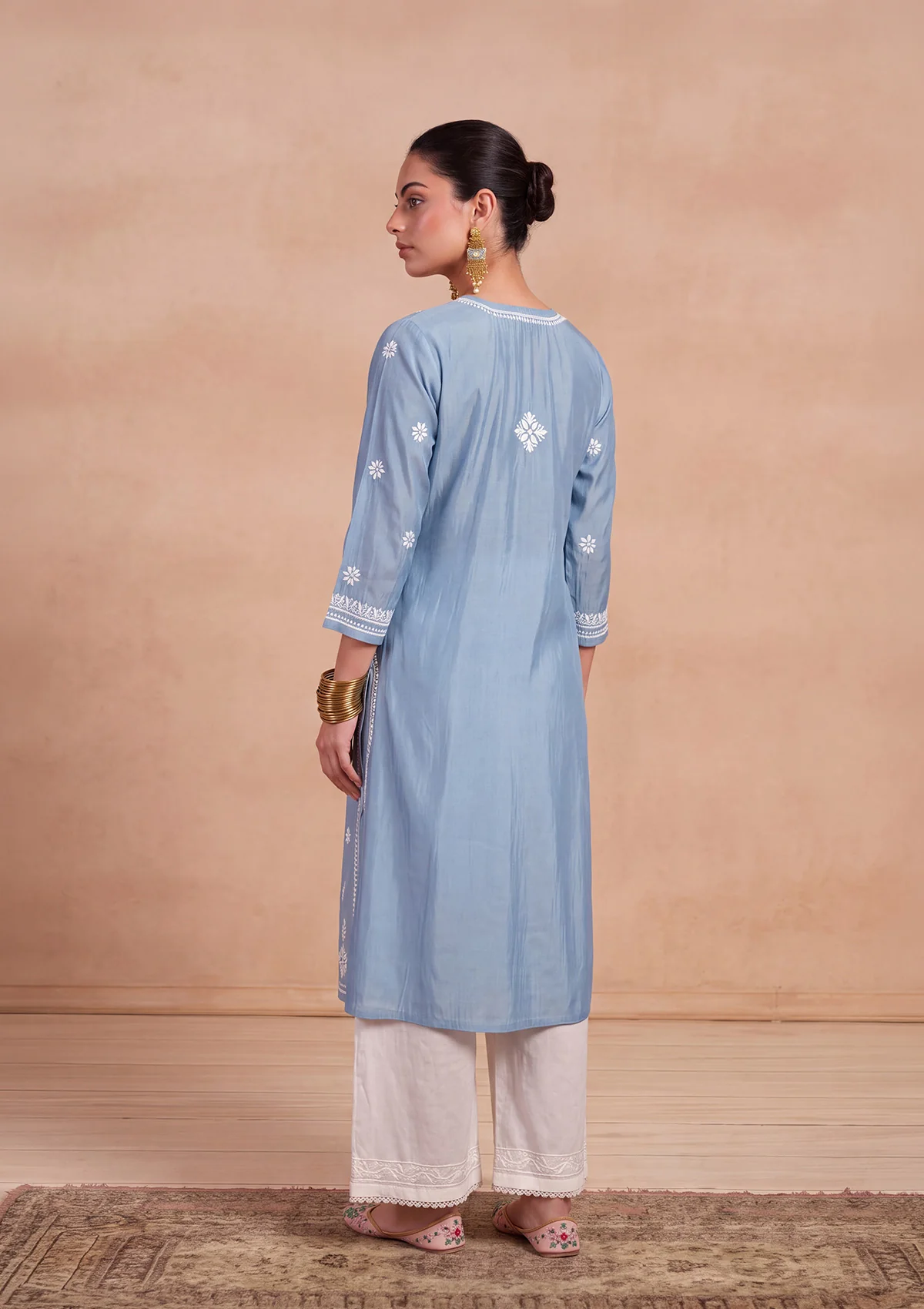HOC Chikankari Chanderi Solid Women's Long Kurta - Blue - Image 5