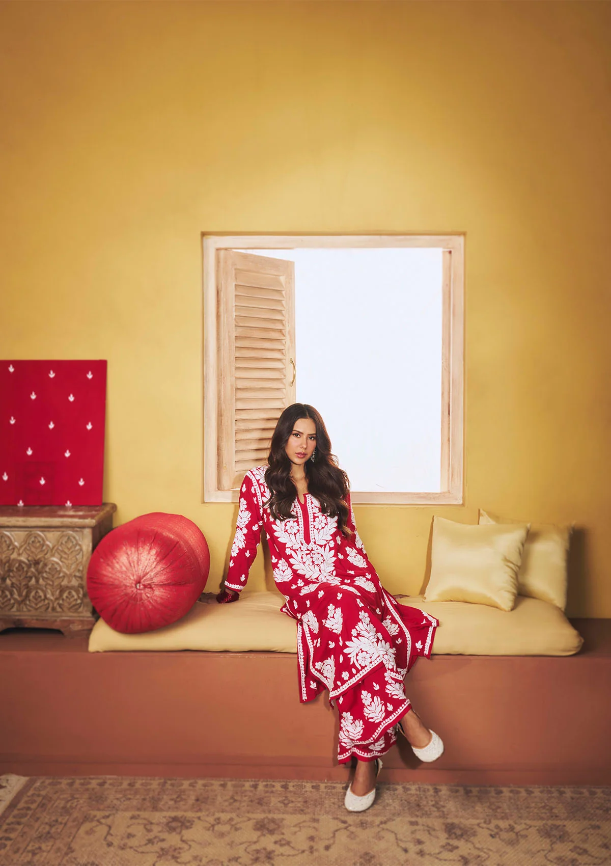 Sonam Red Chikankari Long Kurta Set - Image 5
