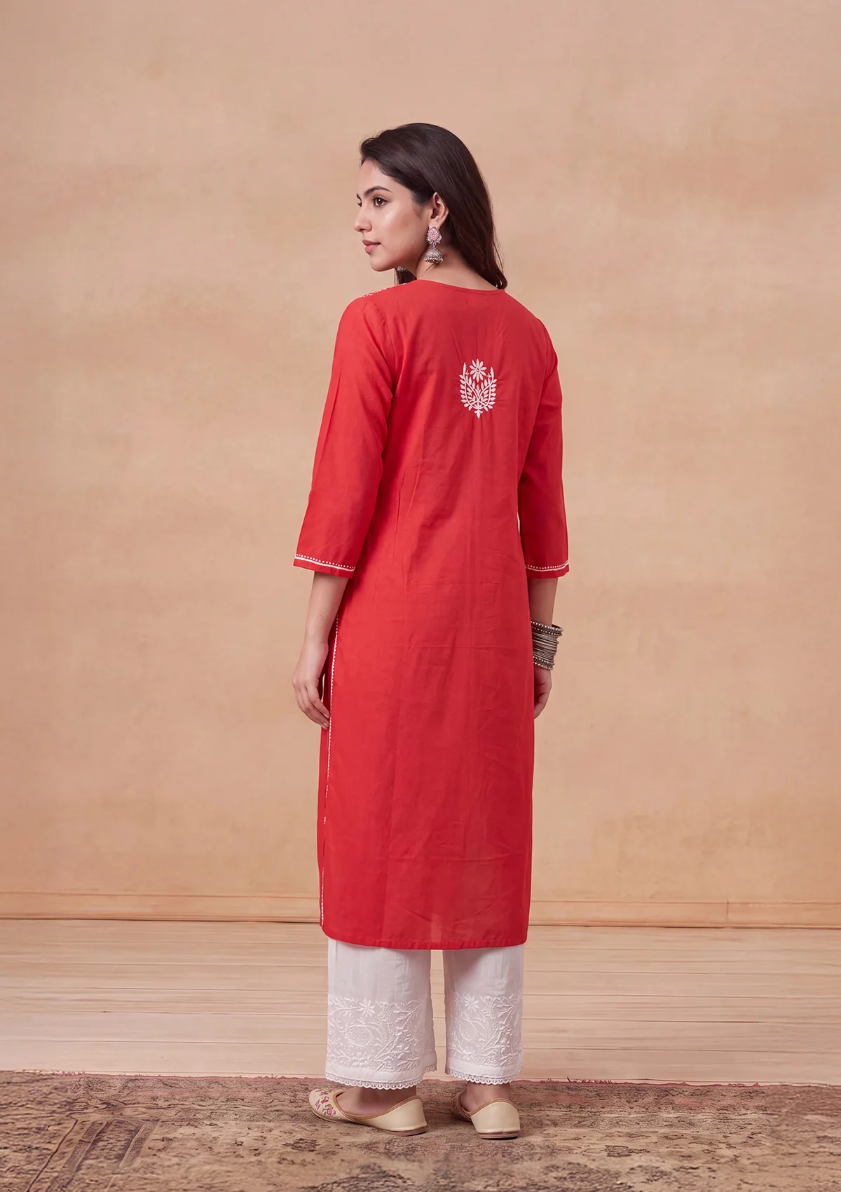 HOC Women Red Cotton Chikankari Kurta - Image 5