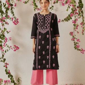 Gulika — Black Cotton Chikankari Kurta with Pink Embroidery
