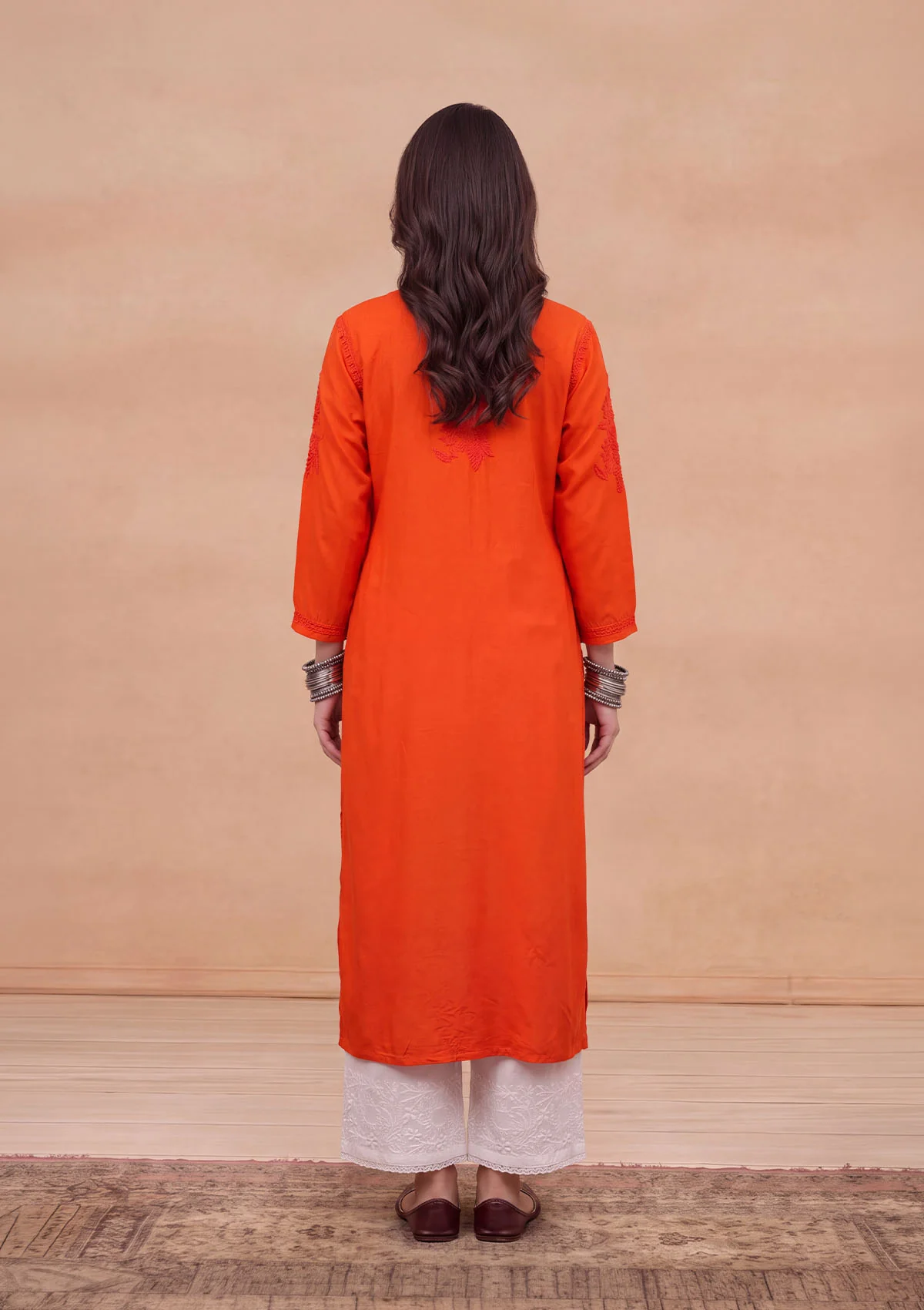 HOC Rayon Chikankari Solid Women's Long Kurta - Orange - Image 9