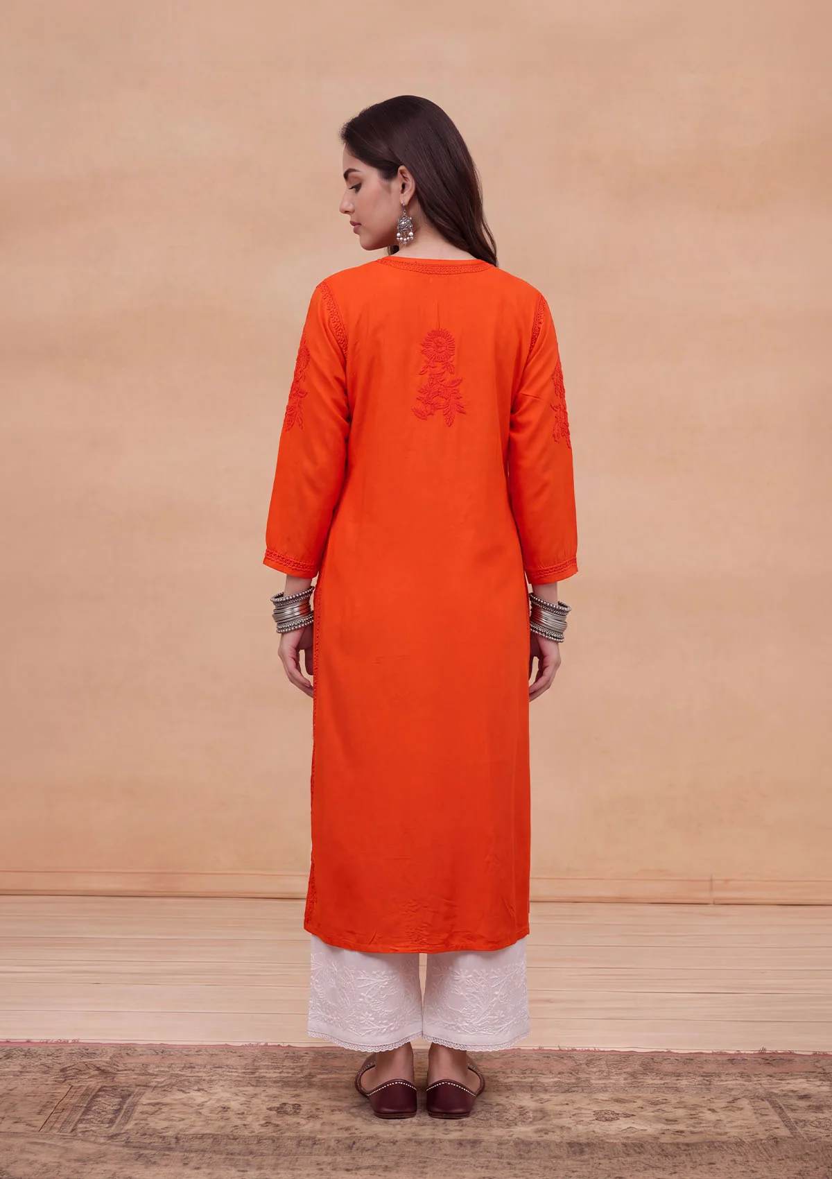 HOC Rayon Chikankari Solid Women's Long Kurta - Orange - Image 8
