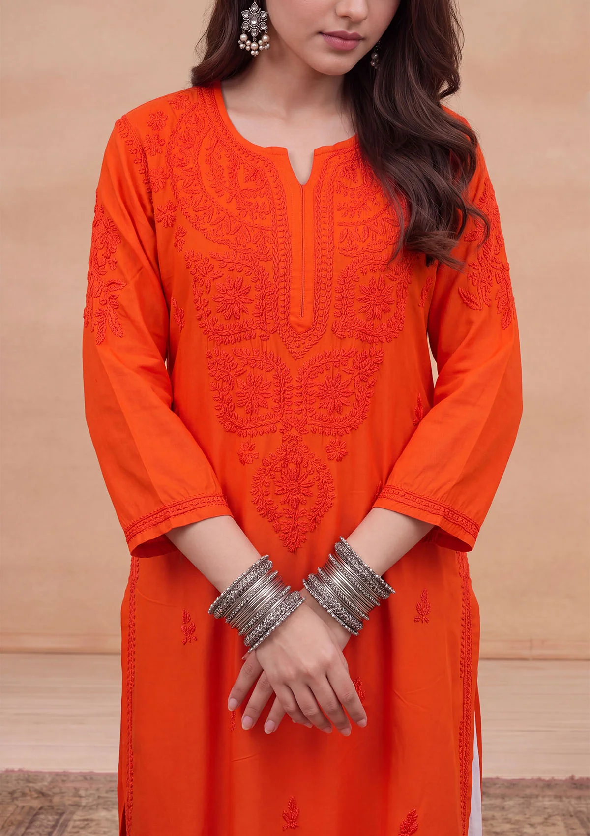 HOC Rayon Chikankari Solid Women's Long Kurta - Orange - Image 2