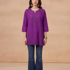 HOC Rayon Chikankari Solid Women's Short Kurta - Violet