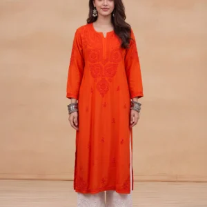 HOC Rayon Chikankari Solid Women's Long Kurta - Orange