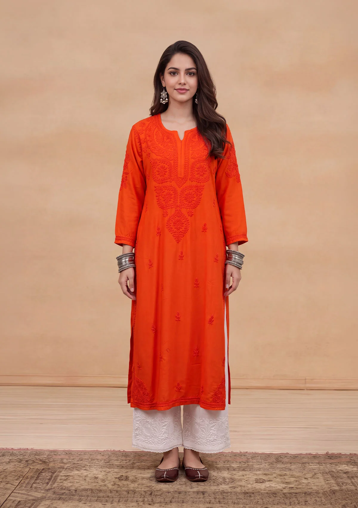 HOC Rayon Chikankari Solid Women's Long Kurta - Orange