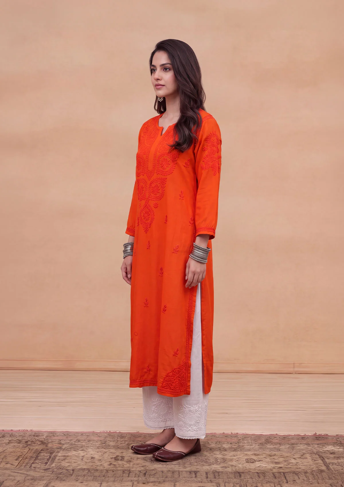 HOC Rayon Chikankari Solid Women's Long Kurta - Orange - Image 5