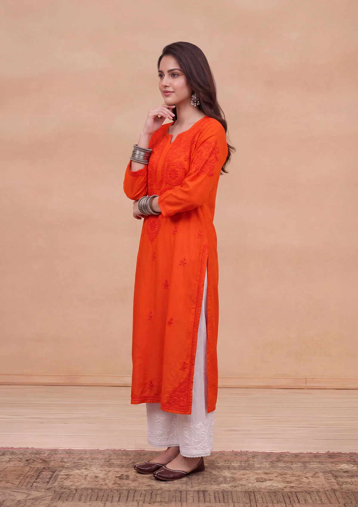 HOC Rayon Chikankari Solid Women's Long Kurta - Orange - Image 4