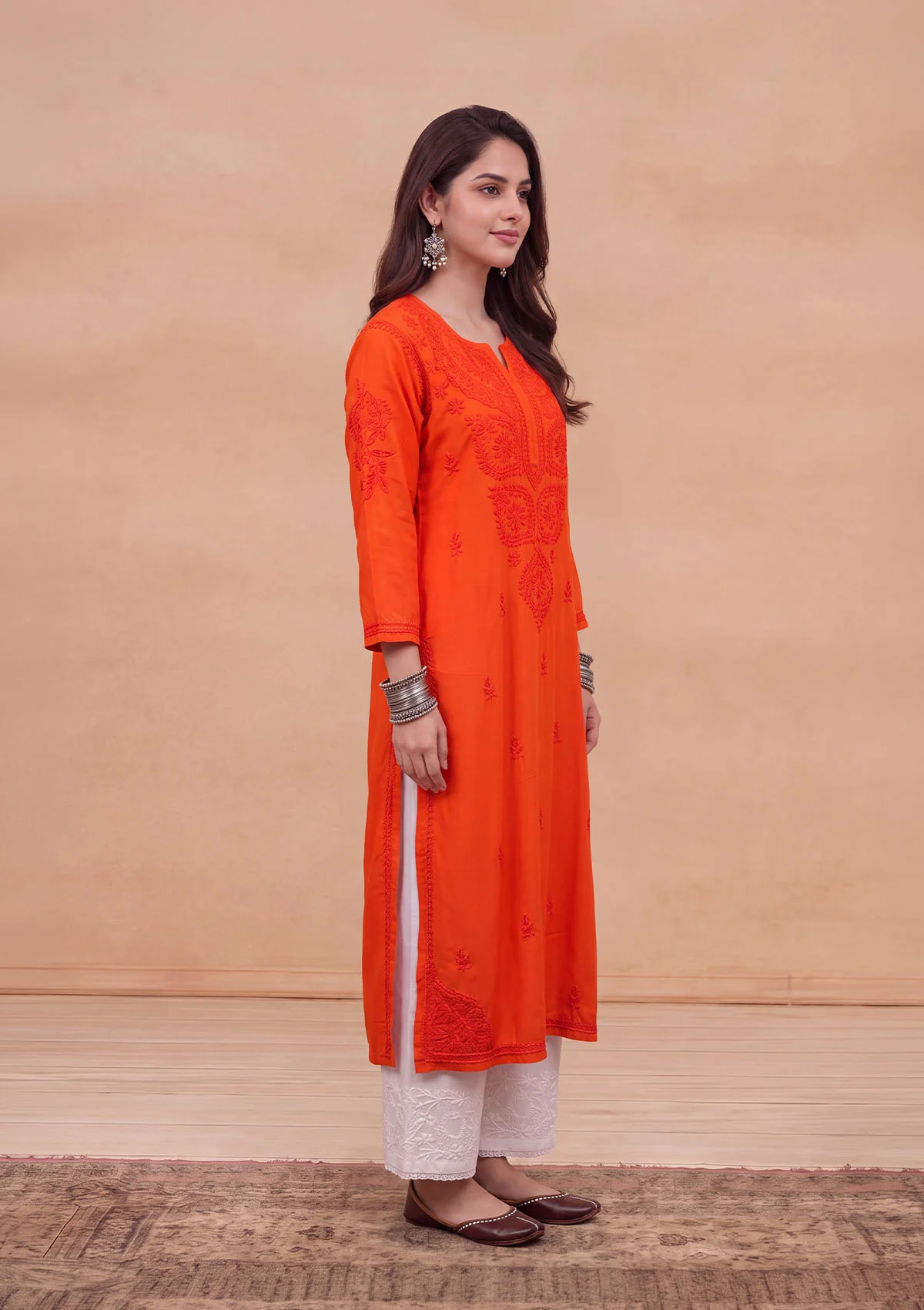 HOC Rayon Chikankari Solid Women's Long Kurta - Orange - Image 6