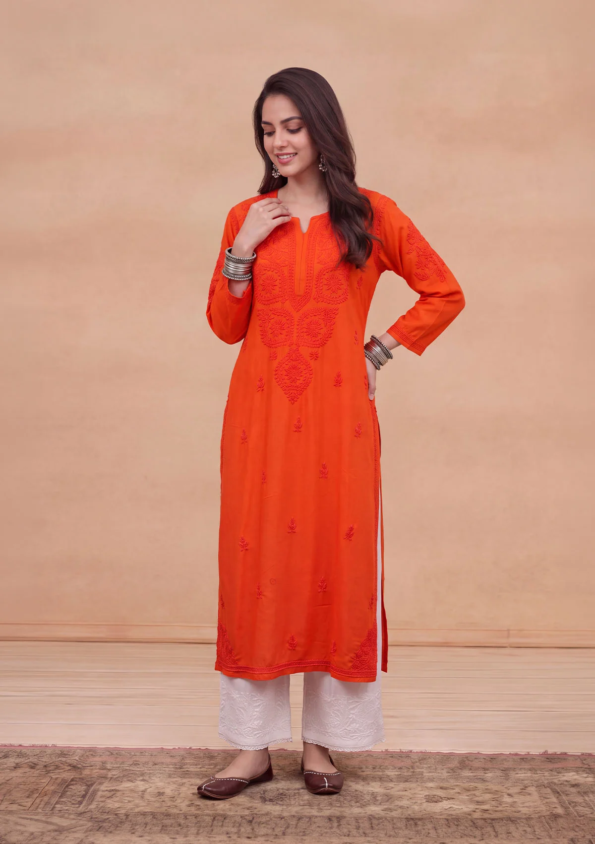 HOC Rayon Chikankari Solid Women's Long Kurta - Orange - Image 3