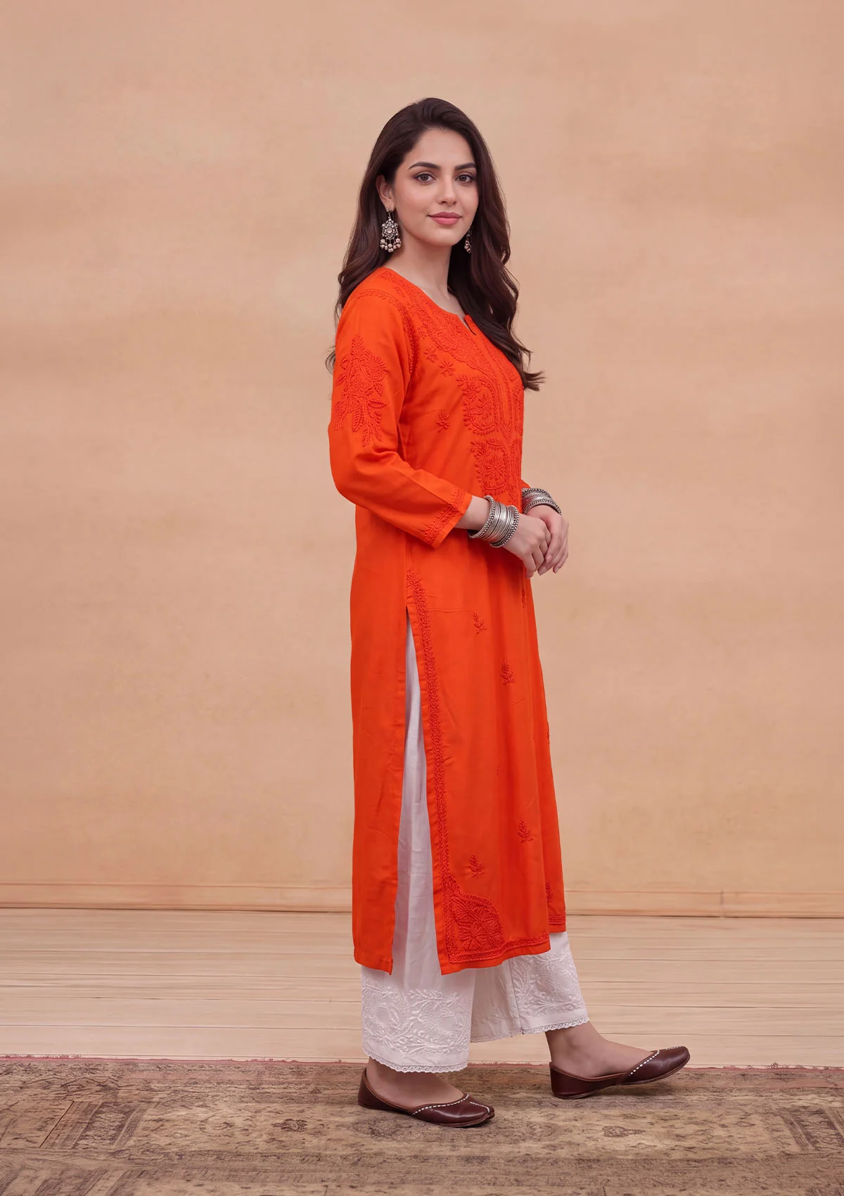 HOC Rayon Chikankari Solid Women's Long Kurta - Orange - Image 7