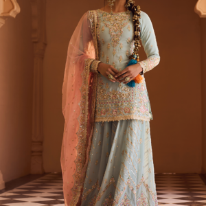 Dusty Mint and Pink Embroidered Sharara
